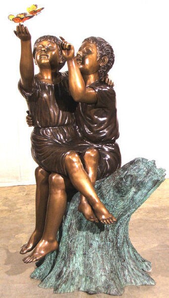 Life Size Bronze Statue - Two Children & Butterfly Sitting on Stump